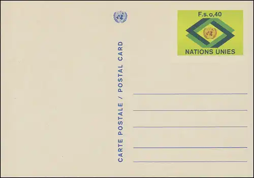 Nations unies Genève Carte postale P 3x emblème et losanges de l'ONU 0,40 francs 1977, inutilisé **
