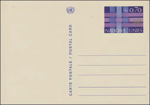 Nations unies Genève Carte postale P 4 Emblème et bandes des Nations Unies 0,70 francs 1977, inutilisé **