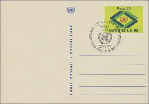Nations unies Genève Carte postale P 3x emblème et losange des Nations Unies 0,40 francs 1977, ESSt 27.6.1977