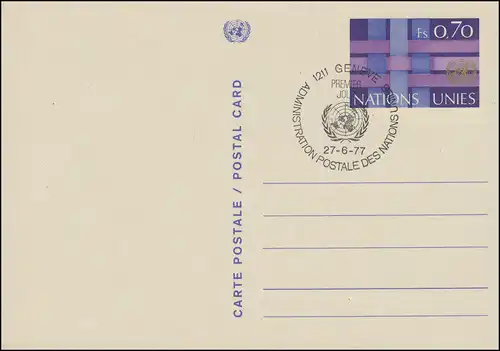 Nations unies Genève Carte postale P 4 Emblème et bandes des Nations Unies 0,70 francs 1977, ESSt 27.6.1977