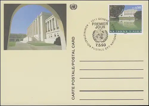 Nations unies Genève Carte postale P 10 Palais des Nations 0,80 francs 1993, ESSt 7.5.1993