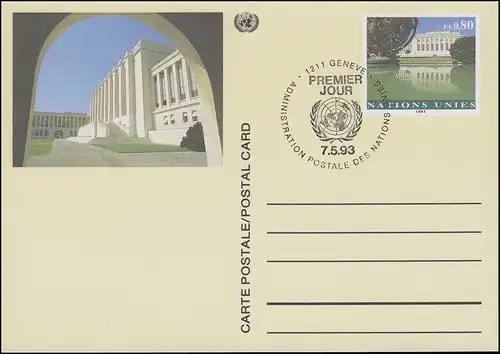 UNO Genf Postkarte P 10 Palais des Nations 0,80 Franken 1993, ESSt 7.5.1993