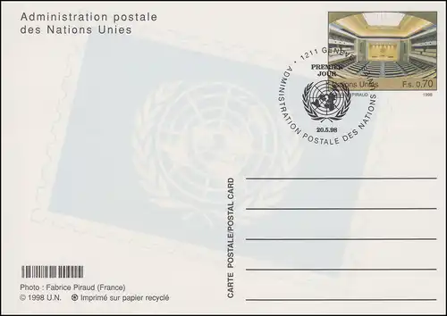 Organisation des Nations unies Genève Carte postale P 13 Salle de réunion 0,70 francs 1998, ESSt 20.5.1998