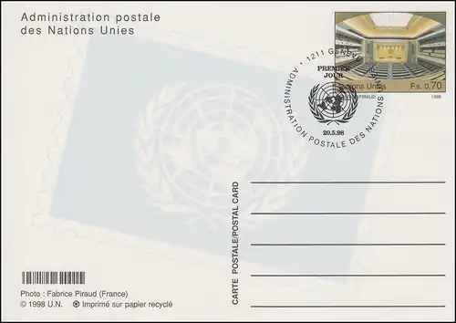 UNO Genf Postkarte P 13 Sitzungssaal 0,70 Franken 1998, ESSt 20.5.1998