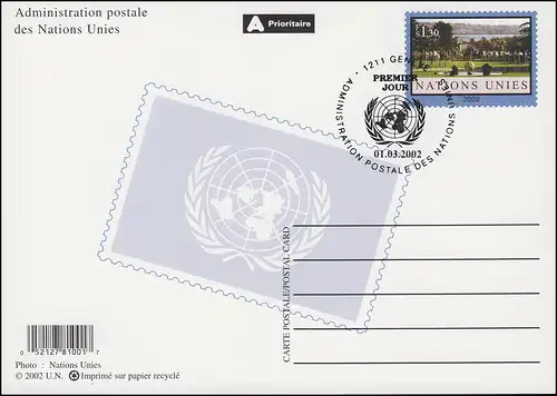 UNO Genf Postkarte P 15 Ariana-Park 1,30 Franken 2002, ESSt 1.3.2002