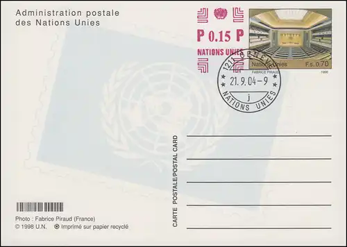 UNO Genf Postkarte P 16 Sitzungssaal 0,70 + 0,15 Franken 2004, ET-O 21.9.2004