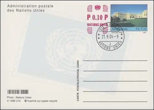 Nations Unies Genève Carte postale P 18 Palais des Nations 1,10+0,10 francs 2004 ET-O 21.9.2004