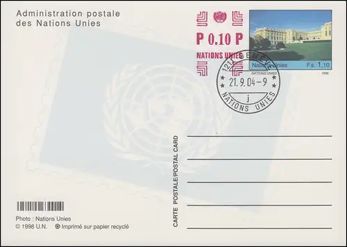 UNO Genf Postkarte P 18 Palais des Nations 1,10+0,10 Franken 2004 ET-O 21.9.2004