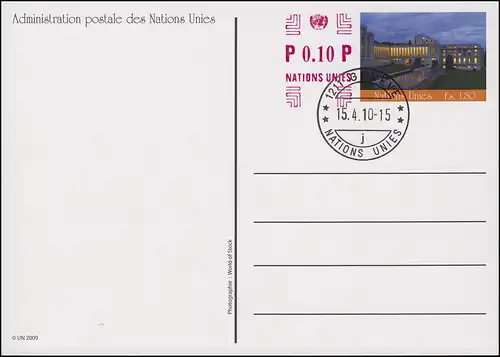 UNO Genf Postkarte P 22 Palais des Nations 1,80+0,10 Franken 2010 ET-O 15.4.2010