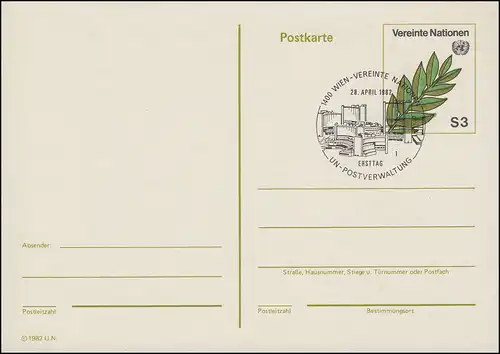 Nations unies Vienne Carte postale P 1 Olivierzwei 3 Schilling 1982, ET 28.4.1982