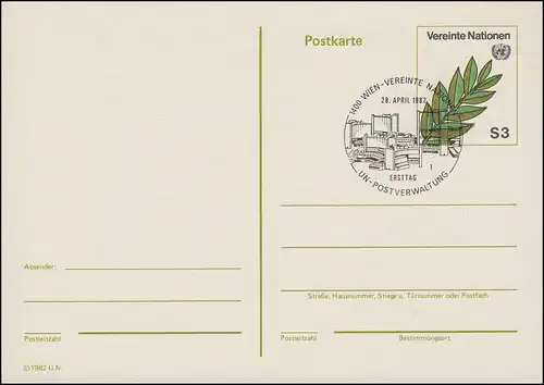 UNO Wien Postkarte P 1 Olivenzweig 3 Schilling 1982, ET 28.4.1982