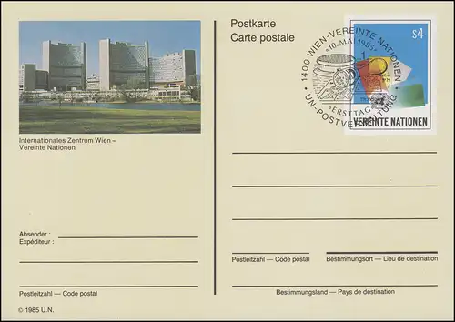Carte postale des Nations unies P 3 emblème des NU 4 Schilling 1985, ET 10.5.1985