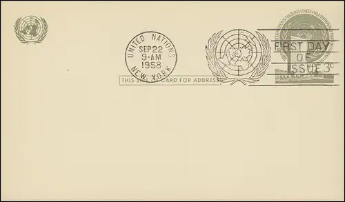 Carte postale des Nations unies P 2 quartier général des NU 3 cent olive 1958, FDC 22.9.1958