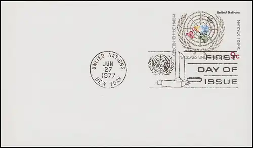 Carte postale des Nations unies P 7 emblème des NU 9 cent 1977, FDC 27.6.1977