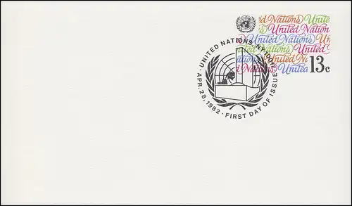 Carte postale des Nations Unies, New York, P 8 Inscription United Nations 13 cent 1982, FDC 28.4.1982