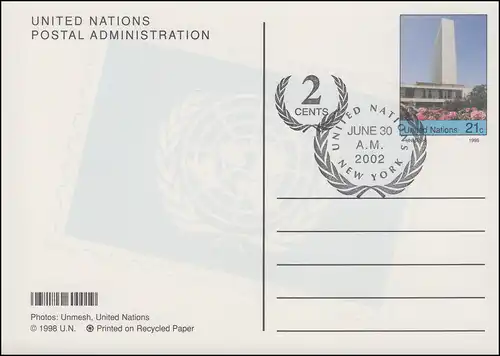 Carte postale des Nations unies P 23 quartier général des NU 21+2 cent, FDC 30.6.2002