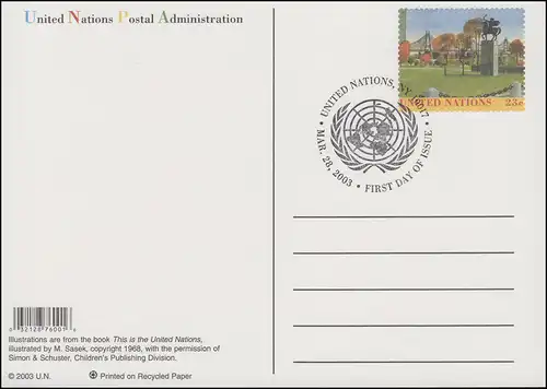 UNO New York Postkarte P 26 Parkanlage 23 Cent 2003, FDC 28.3.2003