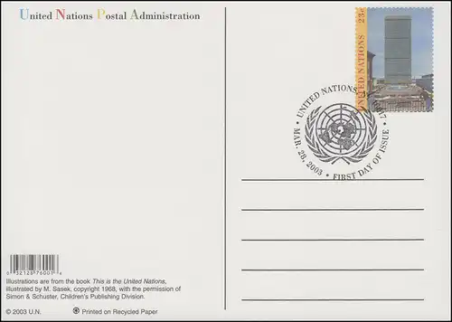 Carte postale des Nations unies P 28 quartier général des NU 23 cent, 2003, FDC 28.3.2003