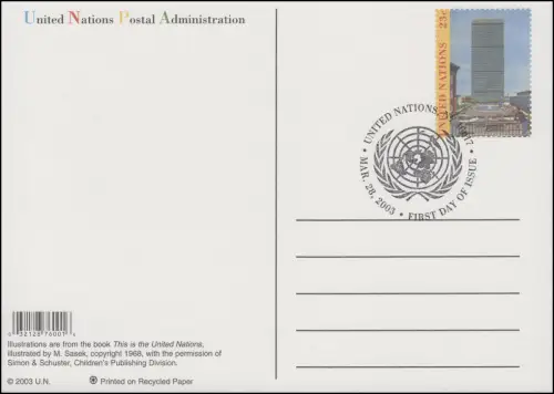 UNO New York Postkarte P 28 UNO-Hauptquartier 23 Cent 2003, FDC 28.3.2003