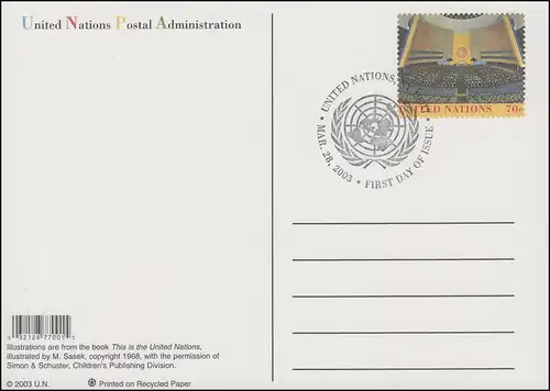 Organisation des Nations Unies New York Carte postale P 29 Assemblée générale 70 cent, 2003,FDC 28.3.2003