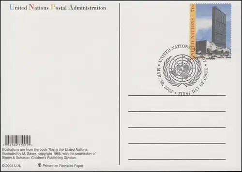 UNO New York Postkarte P 33 Generalversammlungsgebäude 70 C 2003, FDC 28.3.2003
