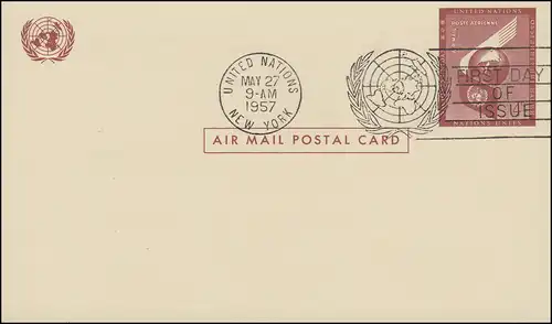 UNO New York Luftpostkarte LP 1 Erde 4 Cent 1957, FDC 27.5.1957