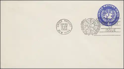 UNO New York Umschlag U 2B UNO-Emblem 4 Cent 1958, 165x92, FDC 2.9.1958
