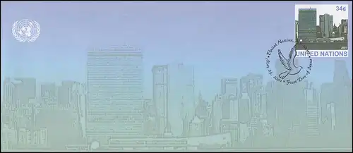 UNO New York Umschlag U 13B Hauptquartier 34 Cent 2001, 242x105, FDC 25.5.2001