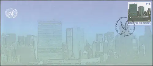 UNO New York Umschlag U 13B Hauptquartier 34 Cent 2001, 242x105, FDC 25.5.2001