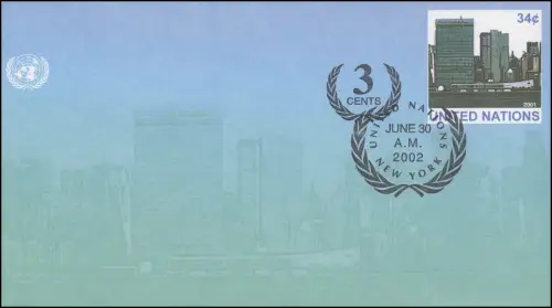 UNO New York Umschlag U 14A Hauptquartier 34+3 C. 2002, 165x92, FDC 30.6.2002