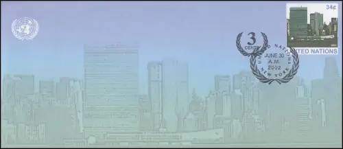 UNO New York Umschlag U 14B Hauptquartier 34+3 C. 2002, 242x105, FDC 30.6.2002