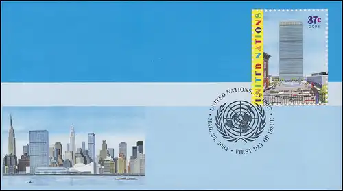 UNO New York couverture U 15A quartier général 37 cent, 165x92, FDC 28.3.2003