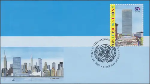 UNO New York couverture U 15A quartier général 37 cent, 165x92, FDC 28.3.2003