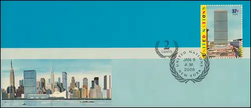UNO New York Umschlag U 16B Hauptquartier 37+2 C. 2006, 242x105, FDC 9.1.2006