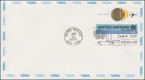 UNO New York Luftpostumschlag LU 5A Globus 13 Cent 1975, 165x92, FDC 10.1.1975