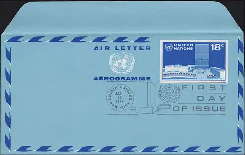 UNO New York Lettre postale aérienne LF 7 quartier général 18 cent 1975 FDC 10.1.1975