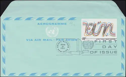 UNO New York Lettre postale aérienne LF 8 Initials un 22 cent 1977, FDC 27.6.1977