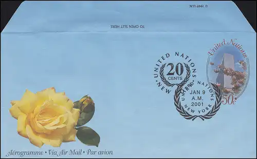 UNO New York Luftpostfaltbrief LF 17 Kirschzweige 50+20 C. 2001, FDC 9.1.2001