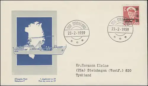 Grönland 43 Freimarke mit Aufdruck - Grönlandhilfe 1959 auf Schmuck-FDC