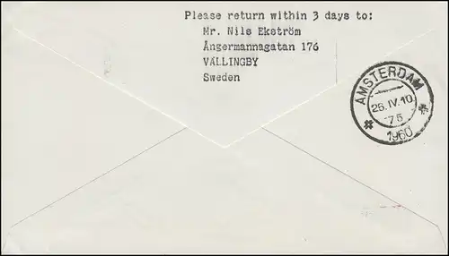 Erstflug CARAVELLE Stockholm-Amsterdam 25.4.60 Brief mit Ankuftsstempel 25.4.60