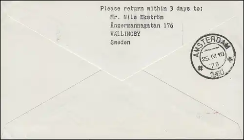 Premier vol CARAVELLE Stockholm-Amsterdam 25.4.60 Lettre avec cachet d'embarquement 25.04.60