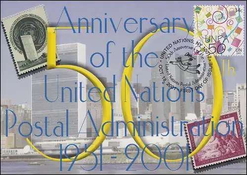 MK 68 von UNO New York 881 Luftschlangen und Briefmarken 2001 amtl. Maximumkarte