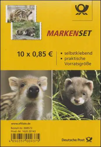 FB 64 Tierkinder Wildschwein & Iltis, Folienblatt mit 5x3293 + 5x3294, **