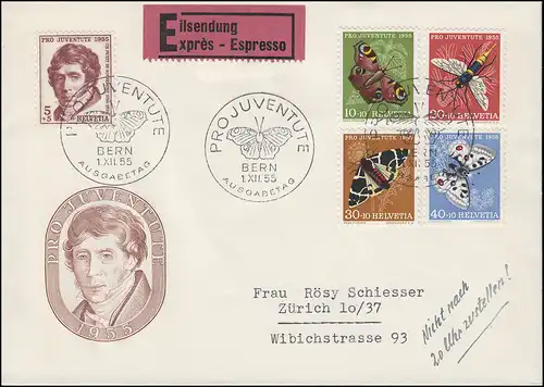 Schweiz 618-622 Pro Juventute Insekten, Satz Schmuck-Eil-FDC ESSt BERN 1.12.55