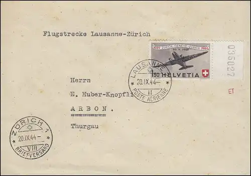 Schweiz 438 Flugpost, Randstück als EF auf FDC LAUSANNE 20.9.44 nach Arbon