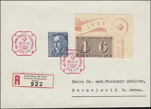 Schweiz 419 Jubiläum 100 Jahre Briefmarken als Eckstück, R-FDC ZÜRICH 26.11.1943