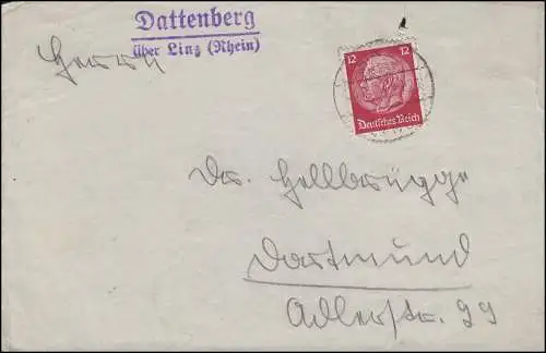 Landpost Dattenberg über LINZ / RHEIN 9.7.34 auf Briefvorderseite mit EF