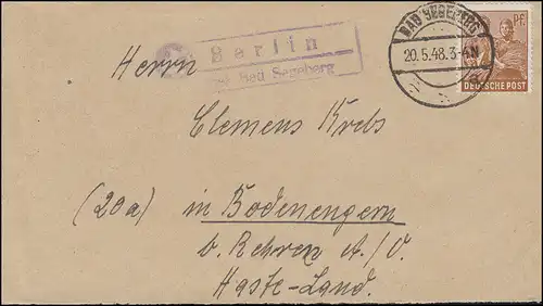 Landpost Berlin über BAD SEGEBERG 20.5.48 auf Briefvorderseite mit EF 951