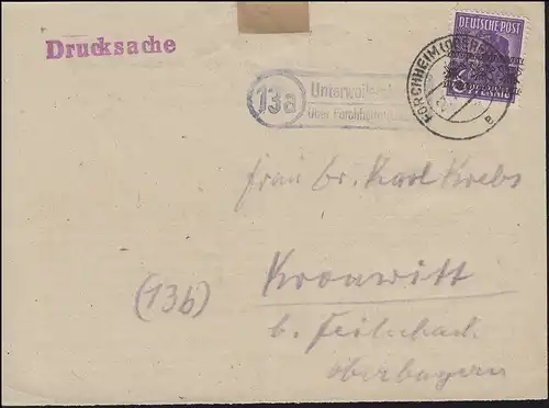 Landpost Unterweilersbach über FORCHHEIM 27.7.48, Briefvorderseite mit EF 37I