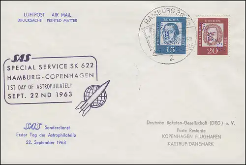 351y+352y Luther+Bach mit Lochung DRG als SAS-Fugpost SK 622 SSt HAMBURG 22.9.63